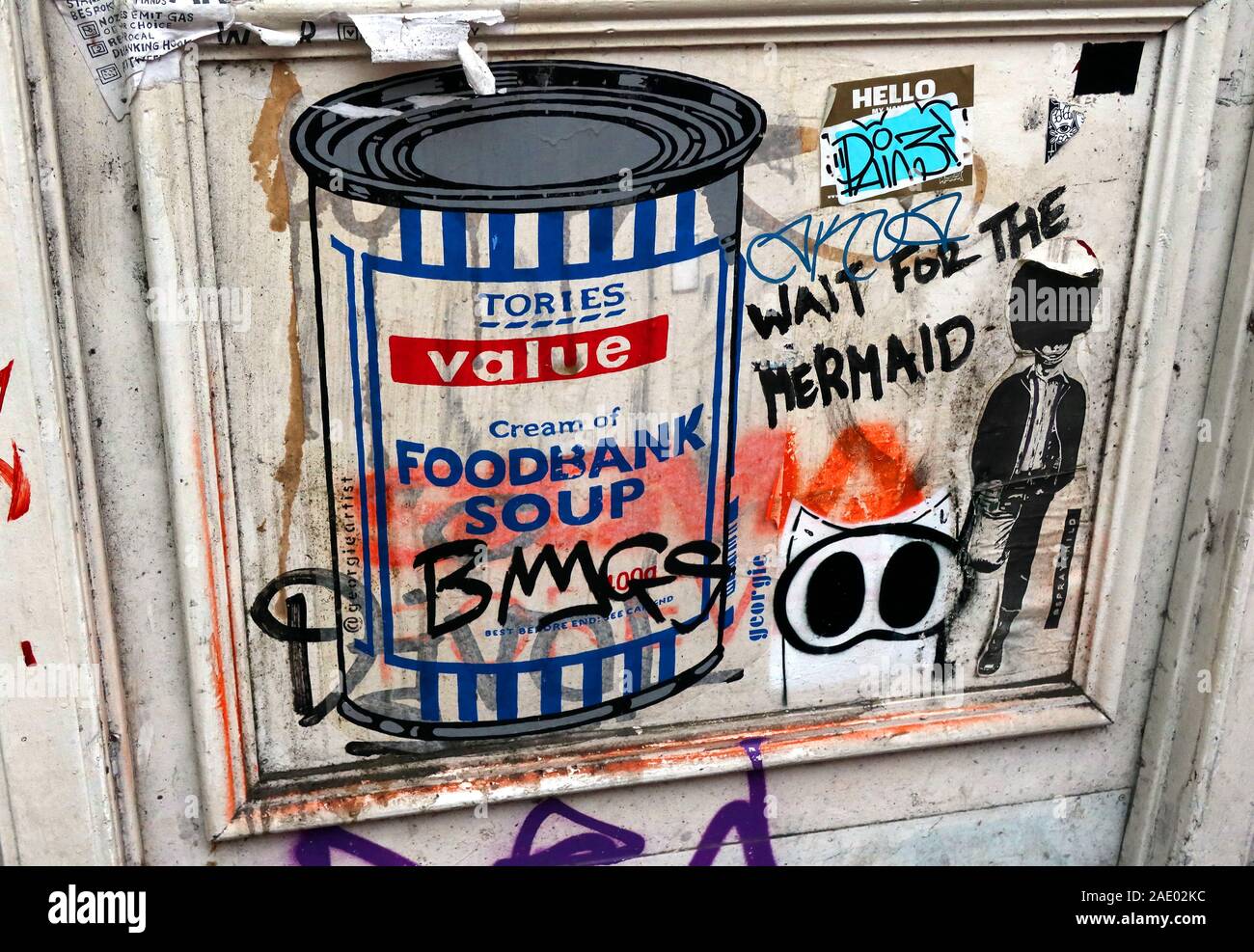 Tory Werte, Tories Creme der Foodbank Suppe, Graffiti Papier poster Schablone, London - Parodie auf eine Dose Suppe von @GeorgieArtist Foodback Stockfoto