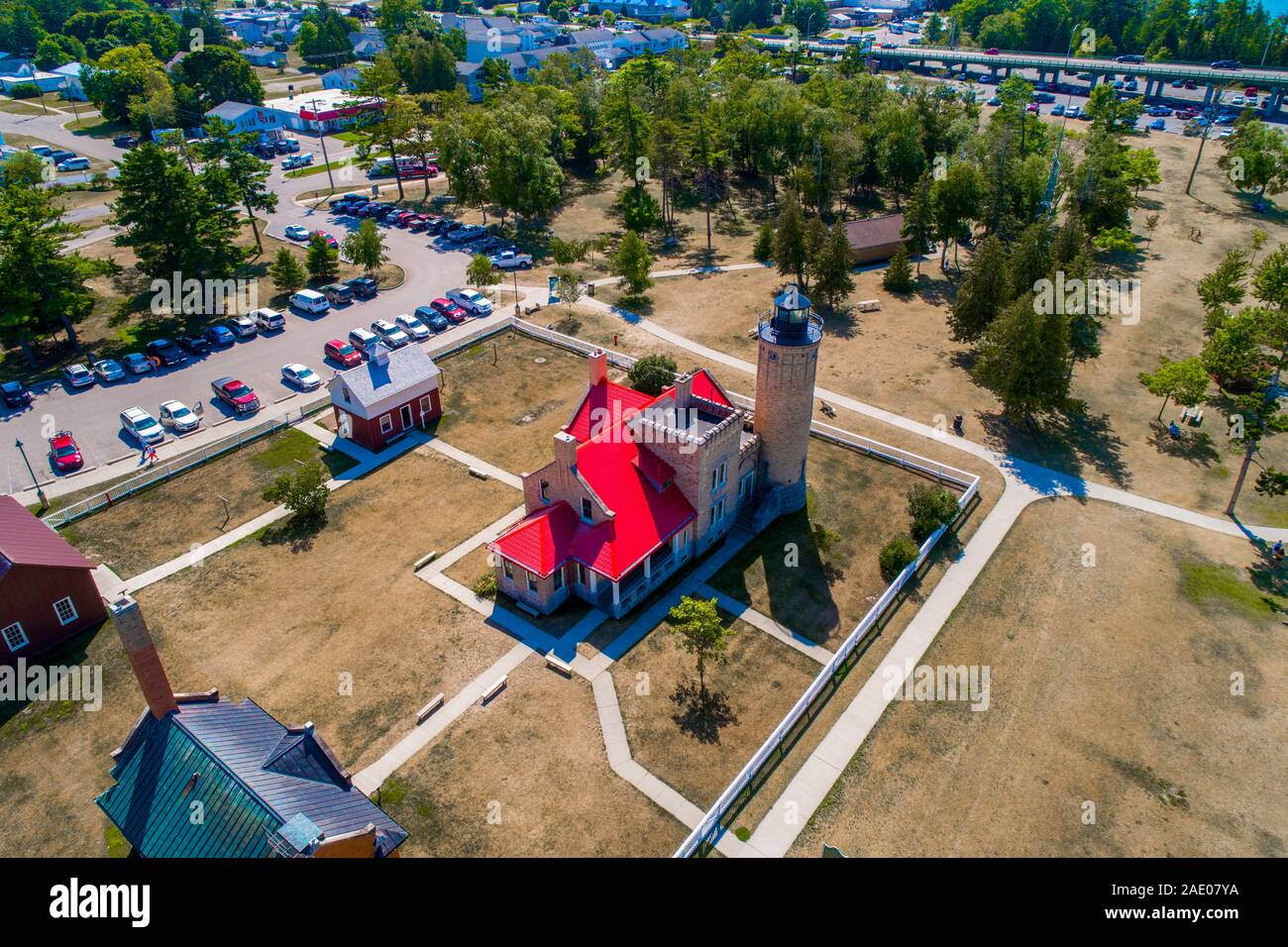 Alte Mackinac Mackinaw Point Lighthouse in Mackinaw City Michigan am Lake Huron, Michigan Stockfoto