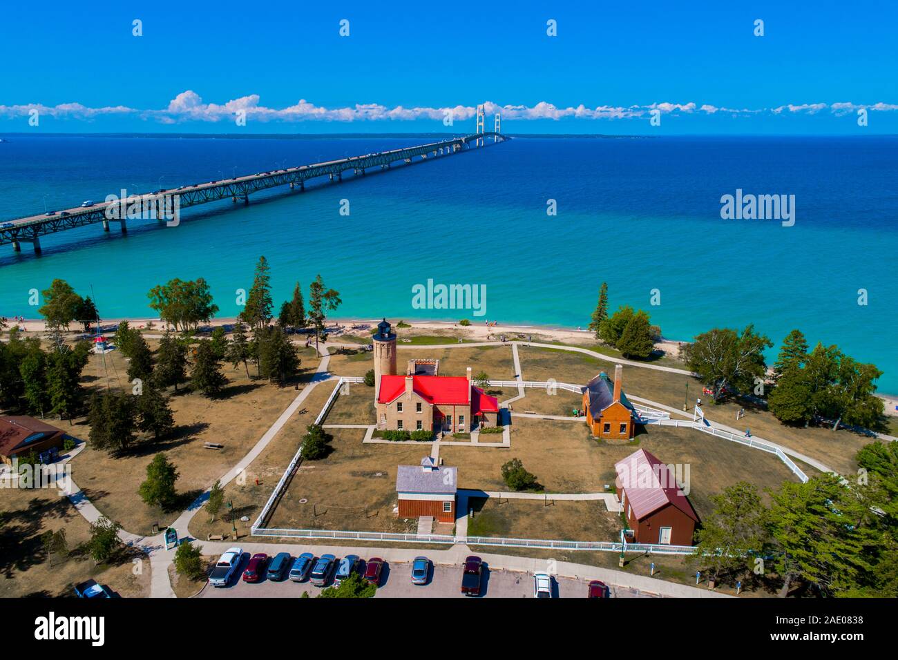 Alte Mackinac Mackinaw Point Lighthouse in Mackinaw City Michigan am Lake Huron, Michigan Stockfoto