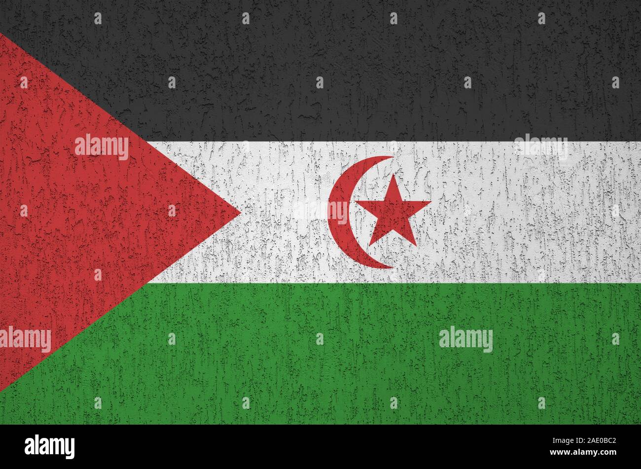 Westsahara Flagge in hellen Farben dargestellt auf alten Relief verputzen Wand hautnah. Texturierte Banner auf rauen Hintergrund Stockfoto