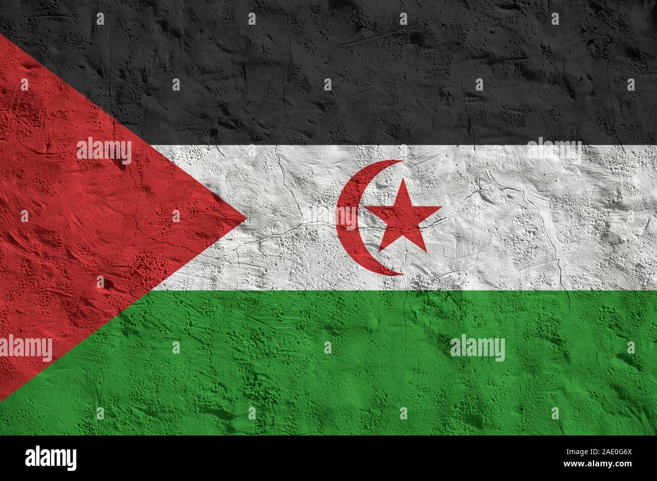 Westsahara Flagge in hellen Farben dargestellt auf alten Relief verputzen Wand hautnah. Texturierte Banner auf rauen Hintergrund Stockfoto
