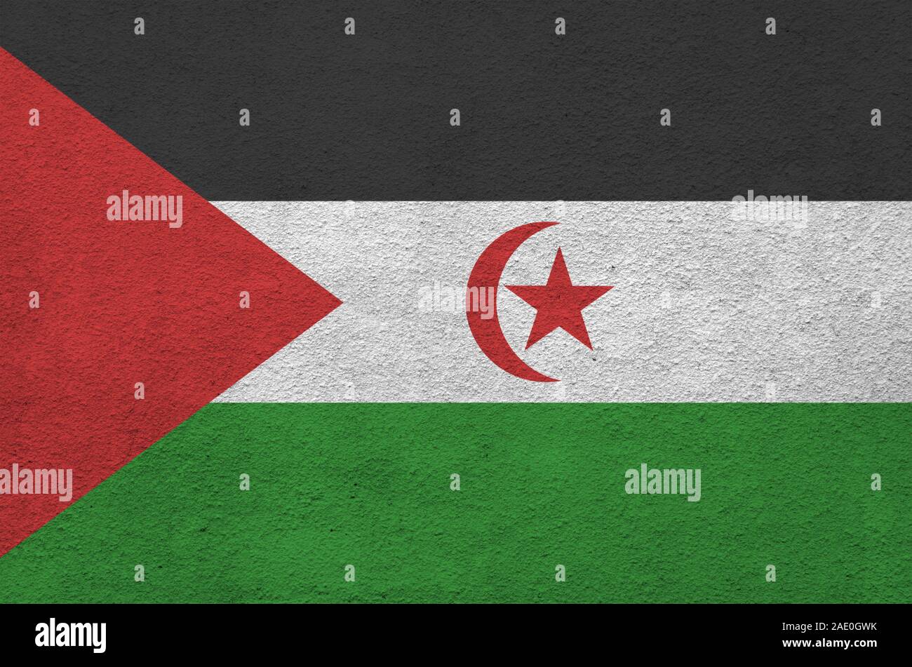Westsahara Flagge in hellen Farben dargestellt auf alten Relief verputzen Wand hautnah. Texturierte Banner auf rauen Hintergrund Stockfoto