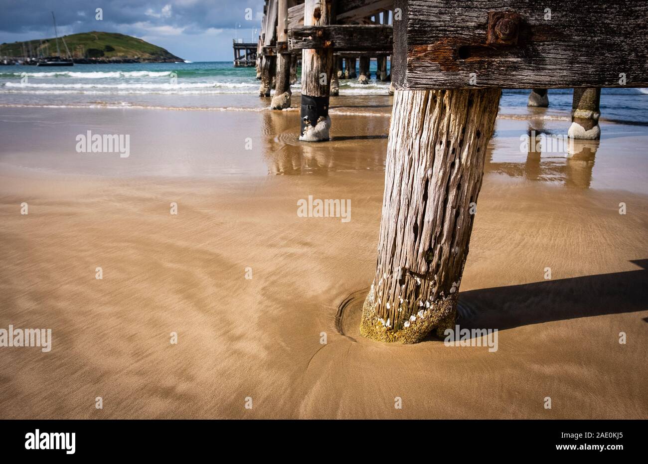 Seascape entlang Masten der Mole in Coffs Harbour in New South Wales, Australien, Textur der Sandstrand timbers Licht und Schatten Stockfoto