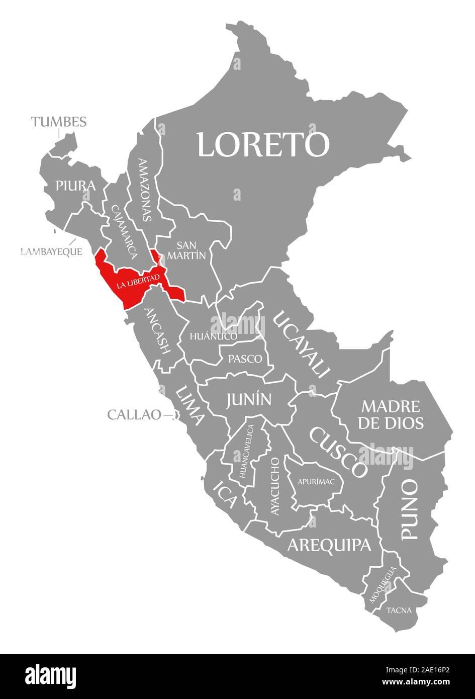 La Libertad rot markiert auf der Karte von Peru Stockfoto