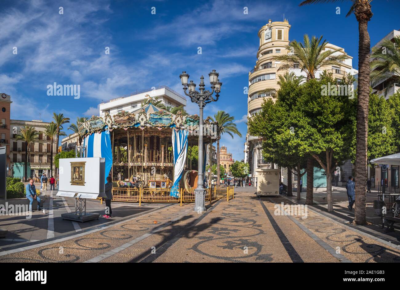 JEREZ DE LA FRONTERA, SPANIEN - ca. November 2019: Die Plaza del Arenal von Jerez de la Frontera in Andalusien, Spanien Stockfoto
