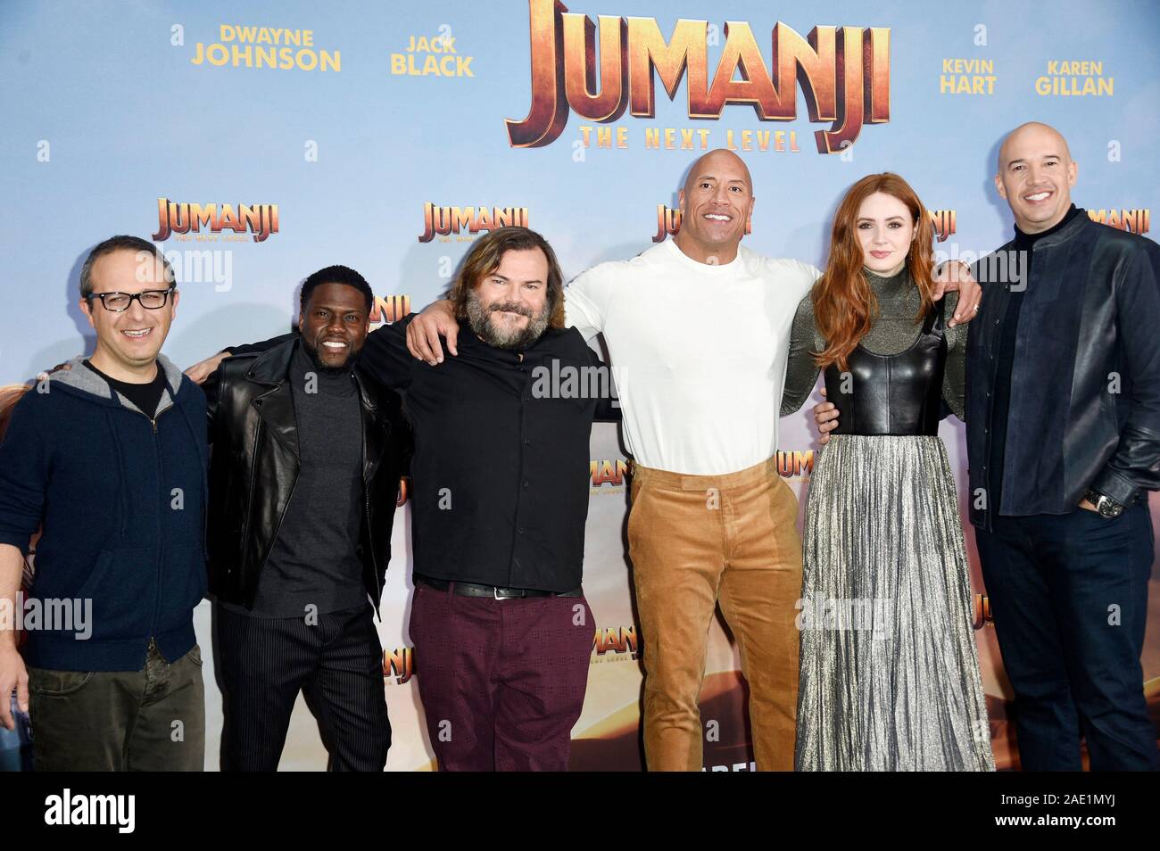 Jake Kasdan, Kevin Hart, Jack Black, Dwayne Johnson, Karen Gillan und Hiram Garcia am Fotoshooting für den Film "Jumanji: Die nächste Ebene" im Hotel Adlon Kempinski. Berlin, 04.12.2019 | Verwendung weltweit Stockfoto