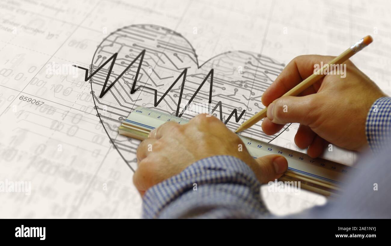 Cyber Herz Puls symbol Projekt erstellen. Abstrakte Konzept der Gesundheit, Medizin, fortschrittliche kybernetische Technologie und Romantik Liebe 3d-Abbildung. Zeichnen Stockfoto