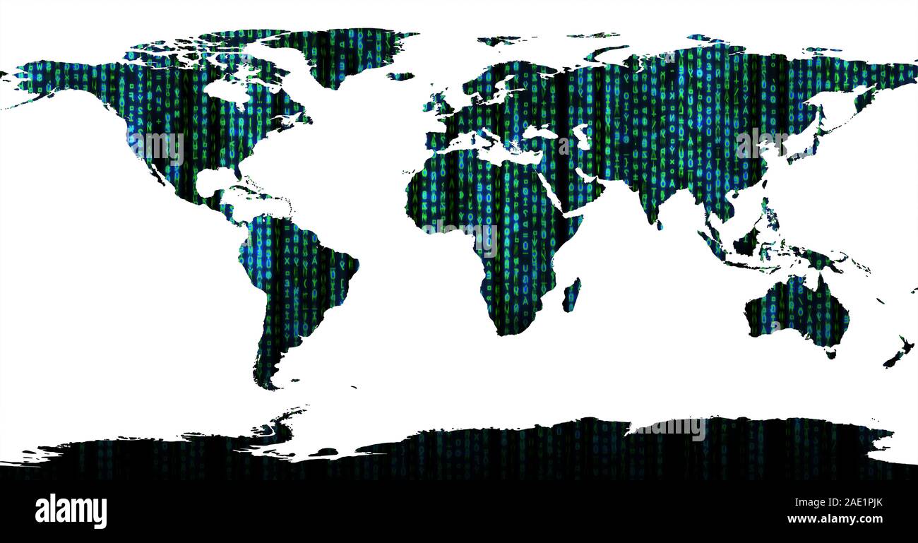 Globale Welt Karte mit binären Matrix Hintergrund. Fallende Zeichen auf dunklem Hintergrund. Abstrakte daten Konzept. Blau und Grün futuristische Cyberspace Stockfoto