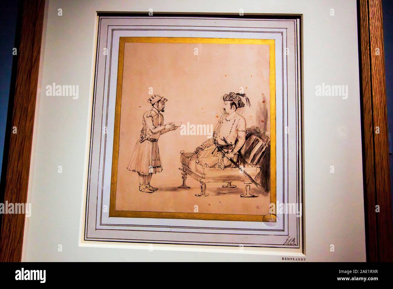 Antike Malerei auf Papier des Kaisers Jehangir von Rembrandt aus Holland, "CSMVS Museum, Mumbai, Maharashtra, Indien, Asien Stockfoto