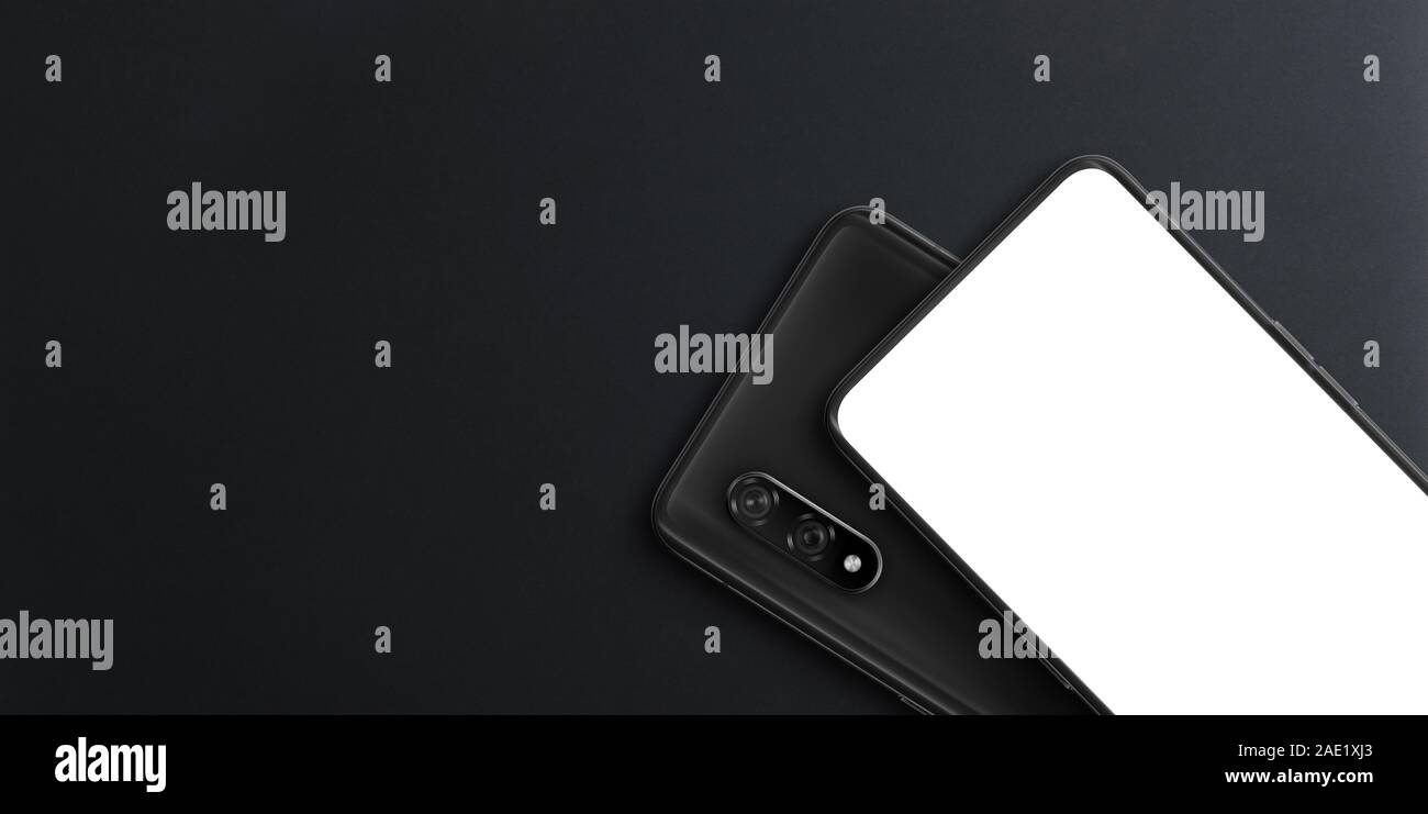 Telefon mockup mit isolierten Bildschirm und Telefon wieder mit zwei Kameras auf schwarz Oberfläche. Kopieren Sie Platz neben Stockfoto