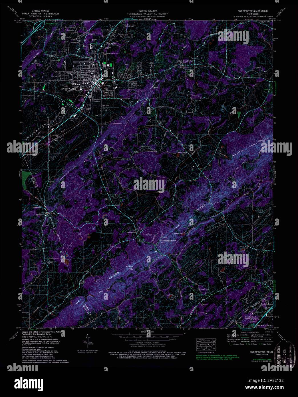 USGS TOPO Karte Tennessee TN Sweetwater 148726 1974 24000 invertiert Wiederherstellung Stockfoto