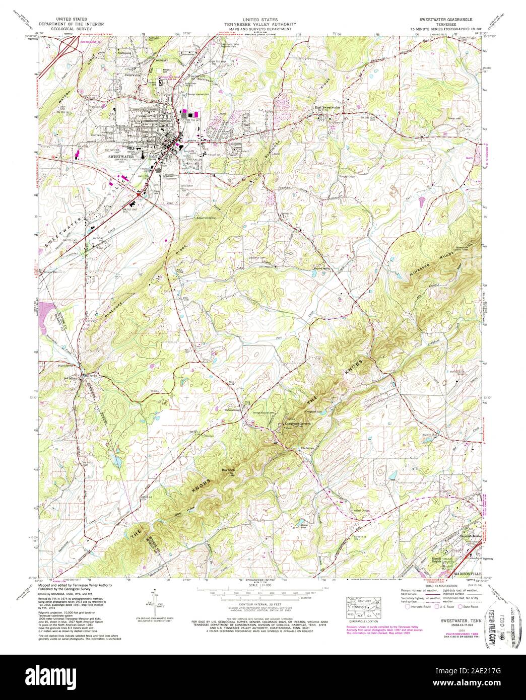 USGS TOPO Karte Tennessee TN Sweetwater 148726 1974 24000 Wiederherstellung Stockfoto