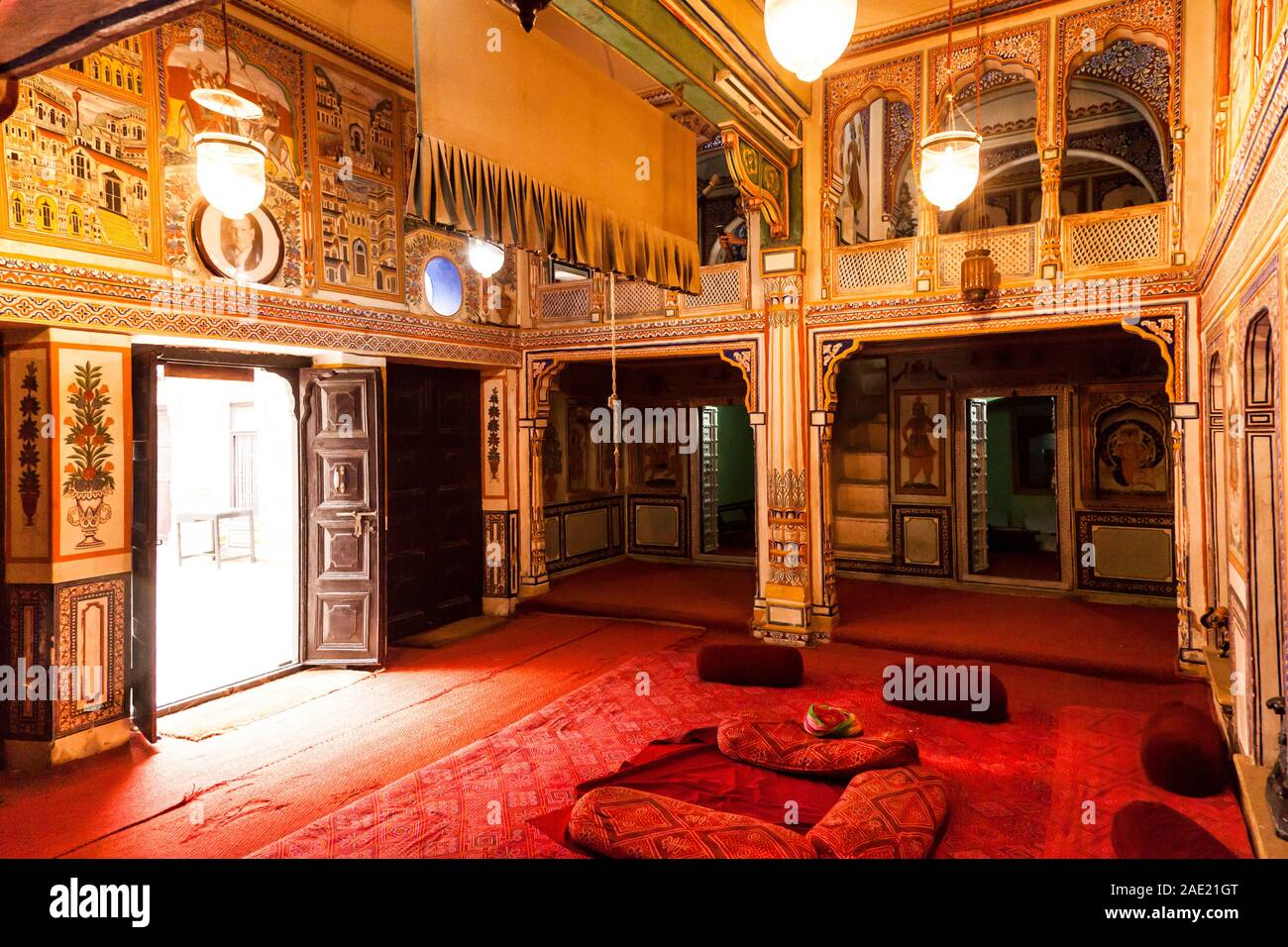 Salon, Ramnath Podar Haveli Museum, Nawalgarh, Shekhawati, Rajasthan, Indien, Asien Stockfoto