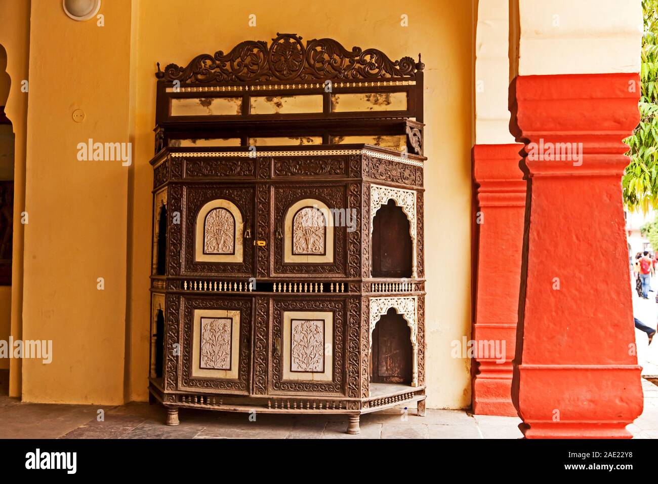 Antike hölzerne Schatulle, Museum, City Palace, Jaipur, Rajasthan, Indien, Asien Stockfoto