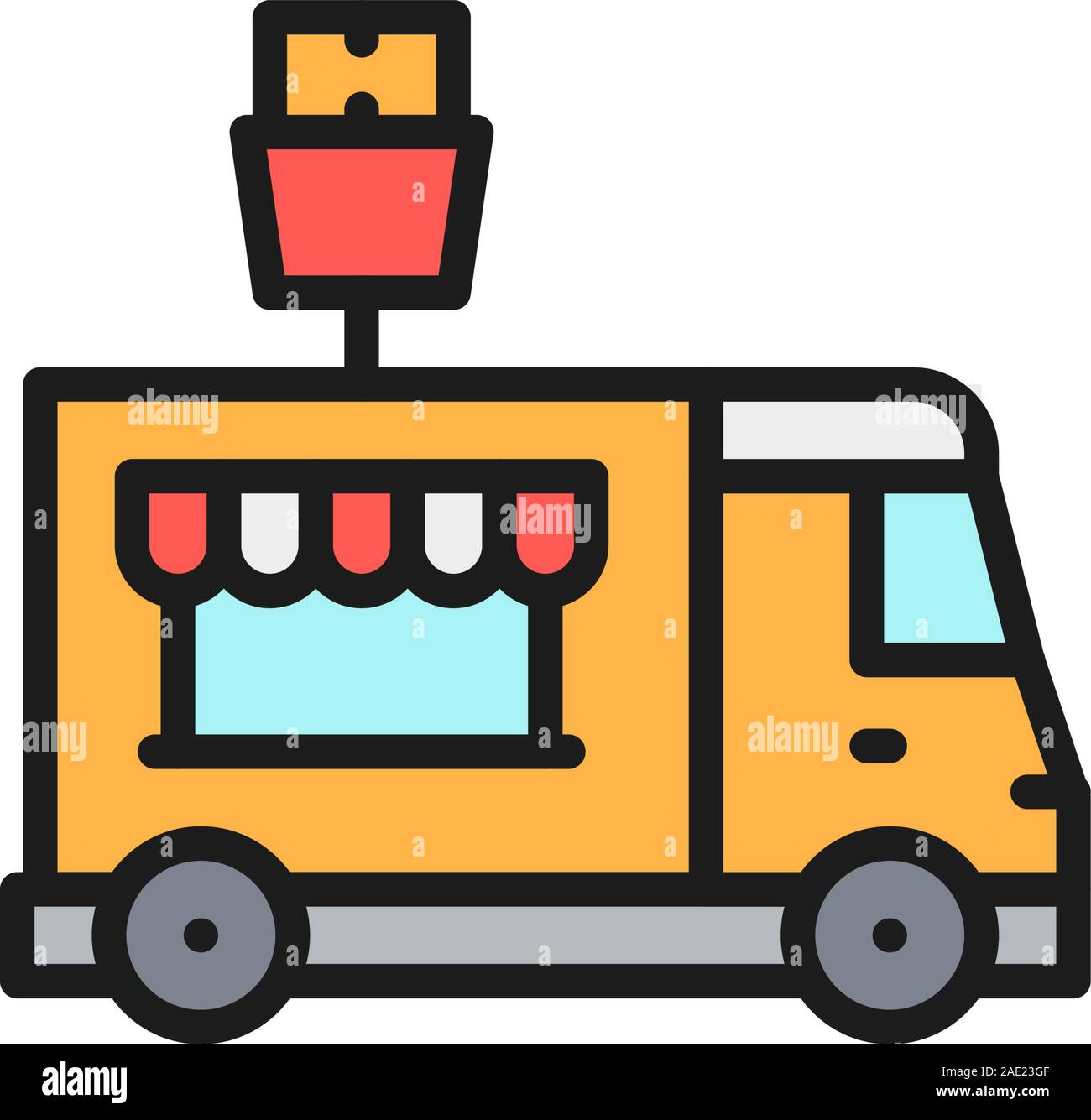 Pommes frites Lkw, Fast food Fahrzeug flachbild Color Line Symbol. Stock Vektor