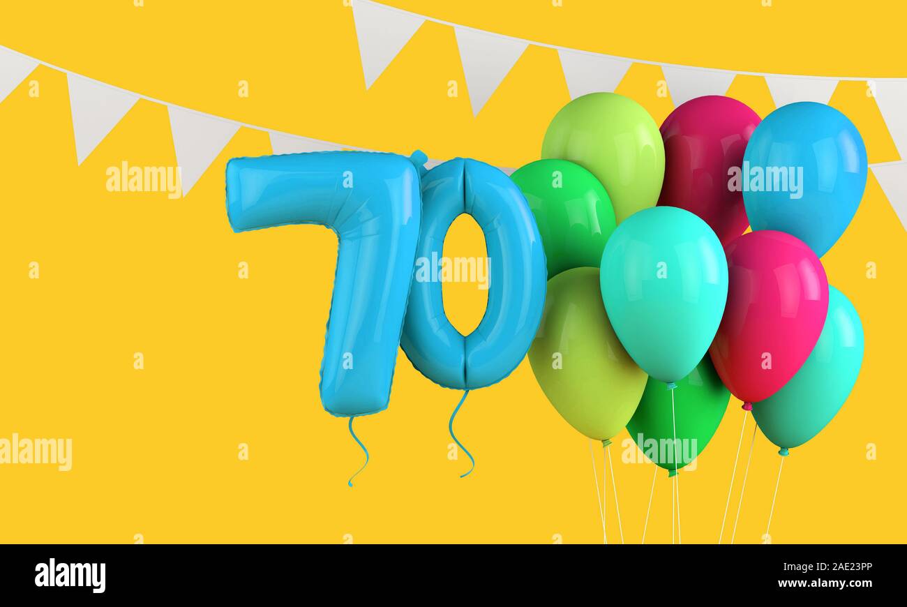Glücklich 70. Geburtstag bunte party Ballons und Bunting. 3D-Rendering Stockfoto