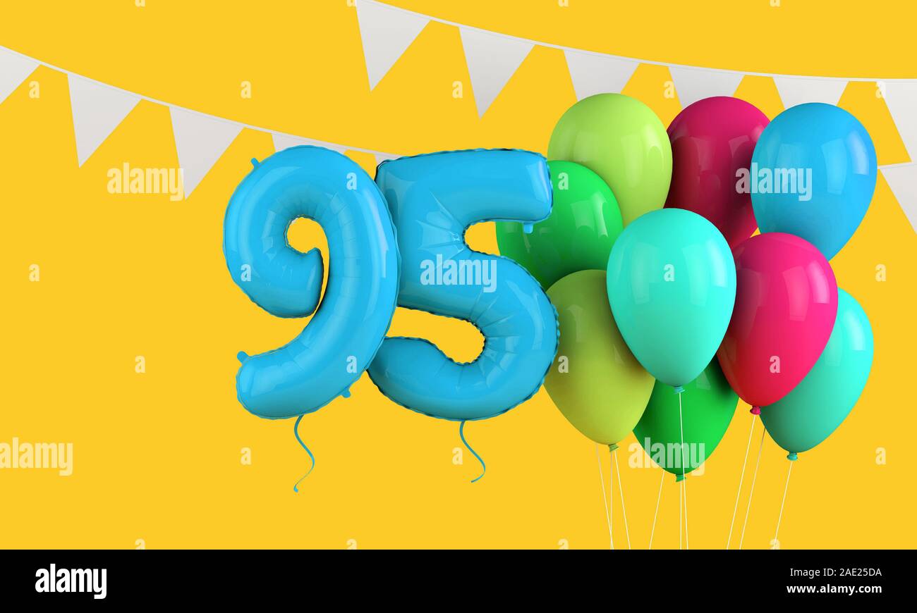 Happy 95th birthday Bunte party Ballons und Bunting. 3D-Rendering Stockfoto