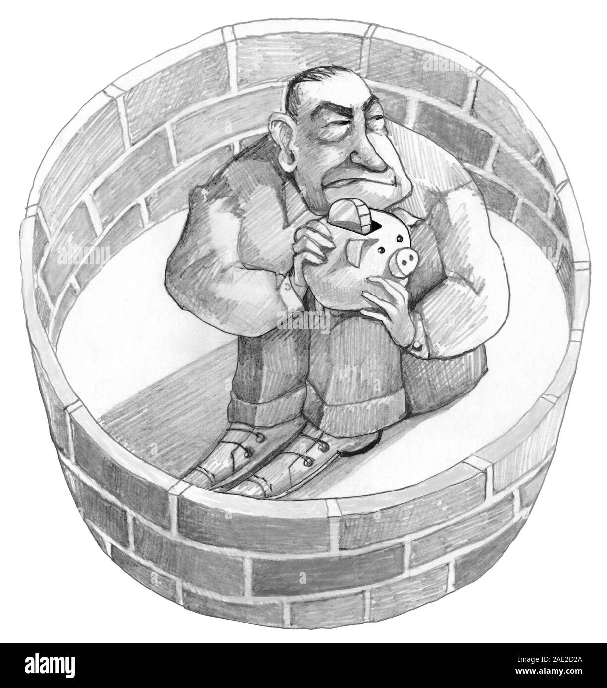 Mann verbirgt sich durch Mauer umgeben hält fest ein sparschwein Metapher des Egoismus und der Angst Stockfoto