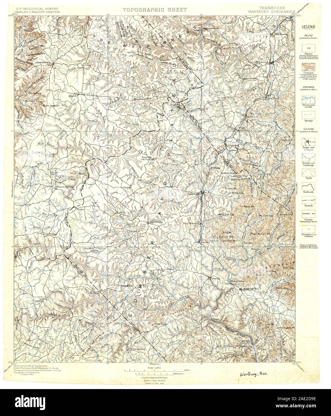 USGS TOPO Karte Tennessee TN Wartburg 153556 1896 125000 Restaurierung Stockfoto