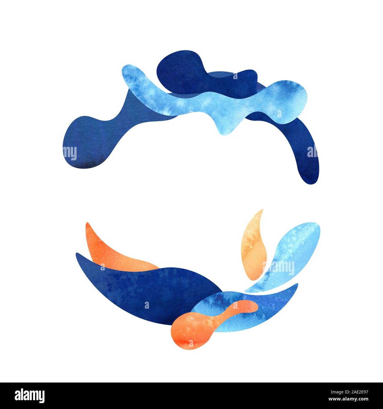 Runde aquarell Rahmen aus Flüssig Blau und Orange Elemente und auf weißem Hintergrund Stockfoto