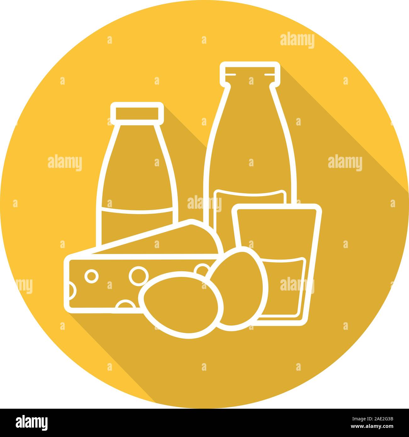 Milchprodukte Flachbild lineare lange Schatten Symbol. Joghurt, Flasche und Glas Milch, Eier und Käse. Lebensmittelgeschäft. Vektor linie das Symbol Stock Vektor