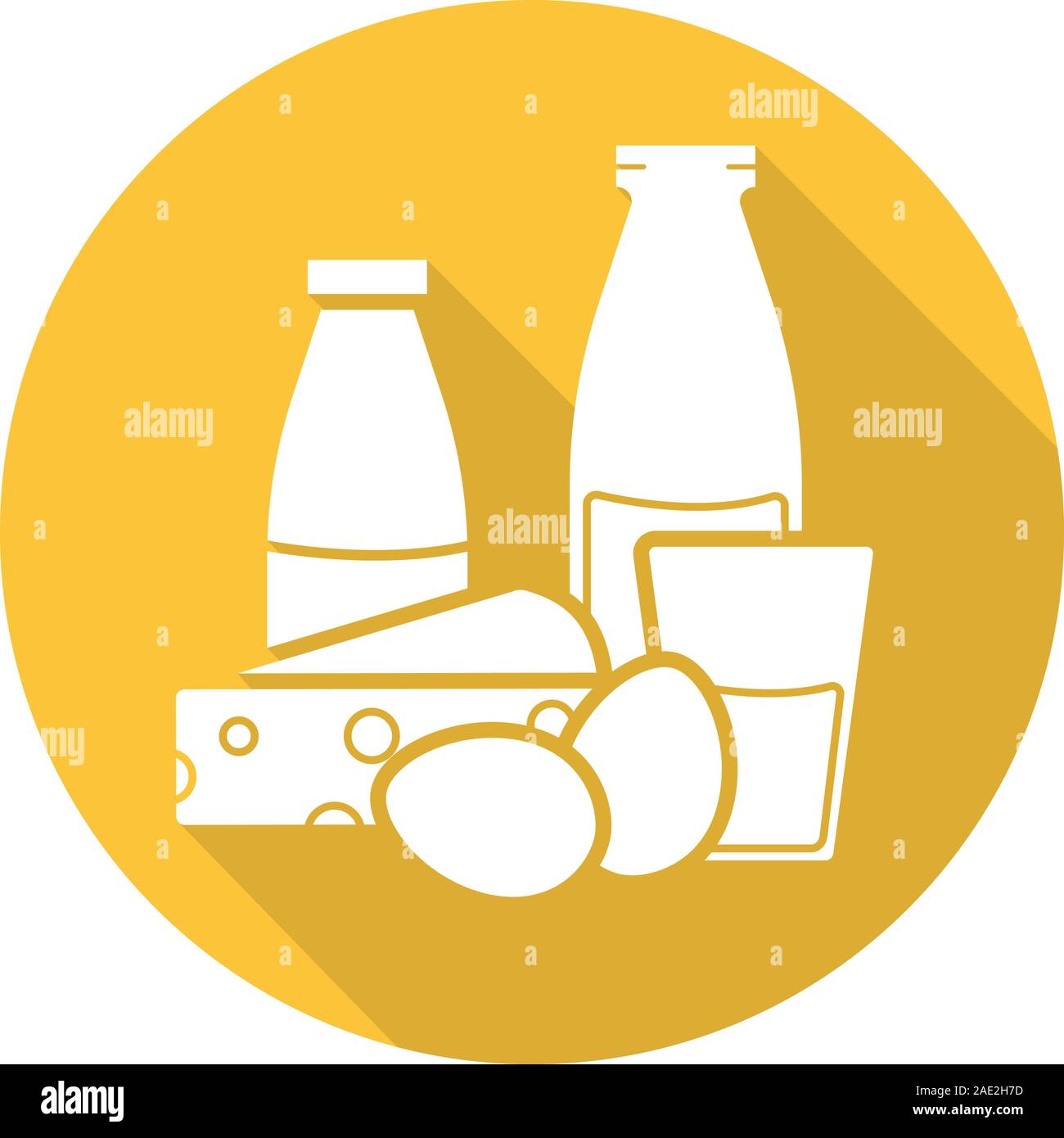 Milchprodukte flache Bauweise lange Schatten Symbol. Joghurt, Flasche und Glas Milch, Eier und Käse. Lebensmittelgeschäft. Vektor silhouette Symbol Stock Vektor