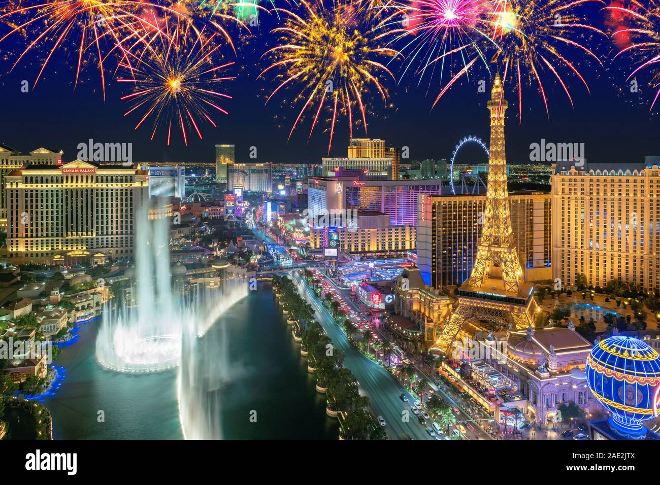 Las Vegas Strip, im neuen Jahr feier Feuerwerk in Las Vegas, Nevada. Stockfoto