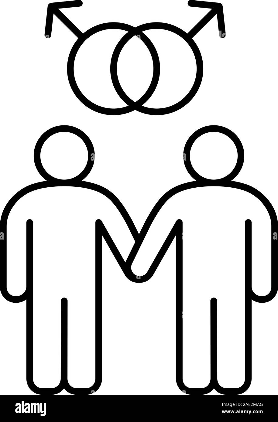 Homosexuelles Paar lineare Symbol. Dünne Linie Abbildung. Gay Boys mit verriegelt Mars Schilder über. Zwei Männer halten sich an den Händen Kontur Symbol. Vektor isoliert outl Stock Vektor