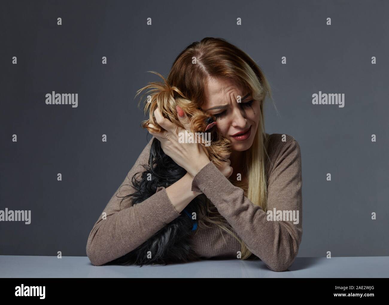 Frau mit Hund, die unter Stress leiden Stockfoto