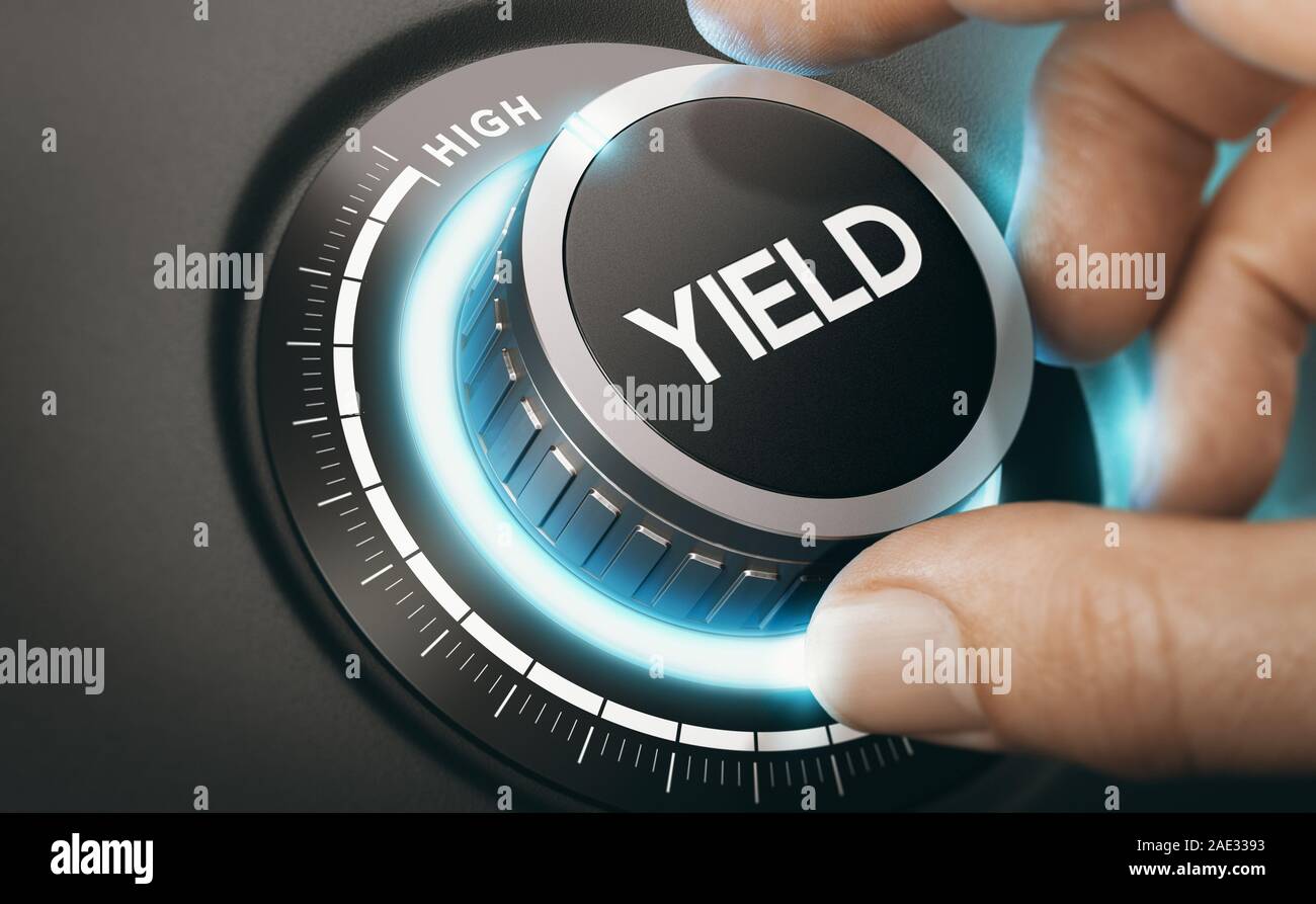 Mann, wenn Sie einen Knopf drehen, High Yield Investment zu wählen. Finanzen Konzept. Das zusammengesetzte Bild zwischen einer hand Fotografie und 3D-Hintergrund. Stockfoto