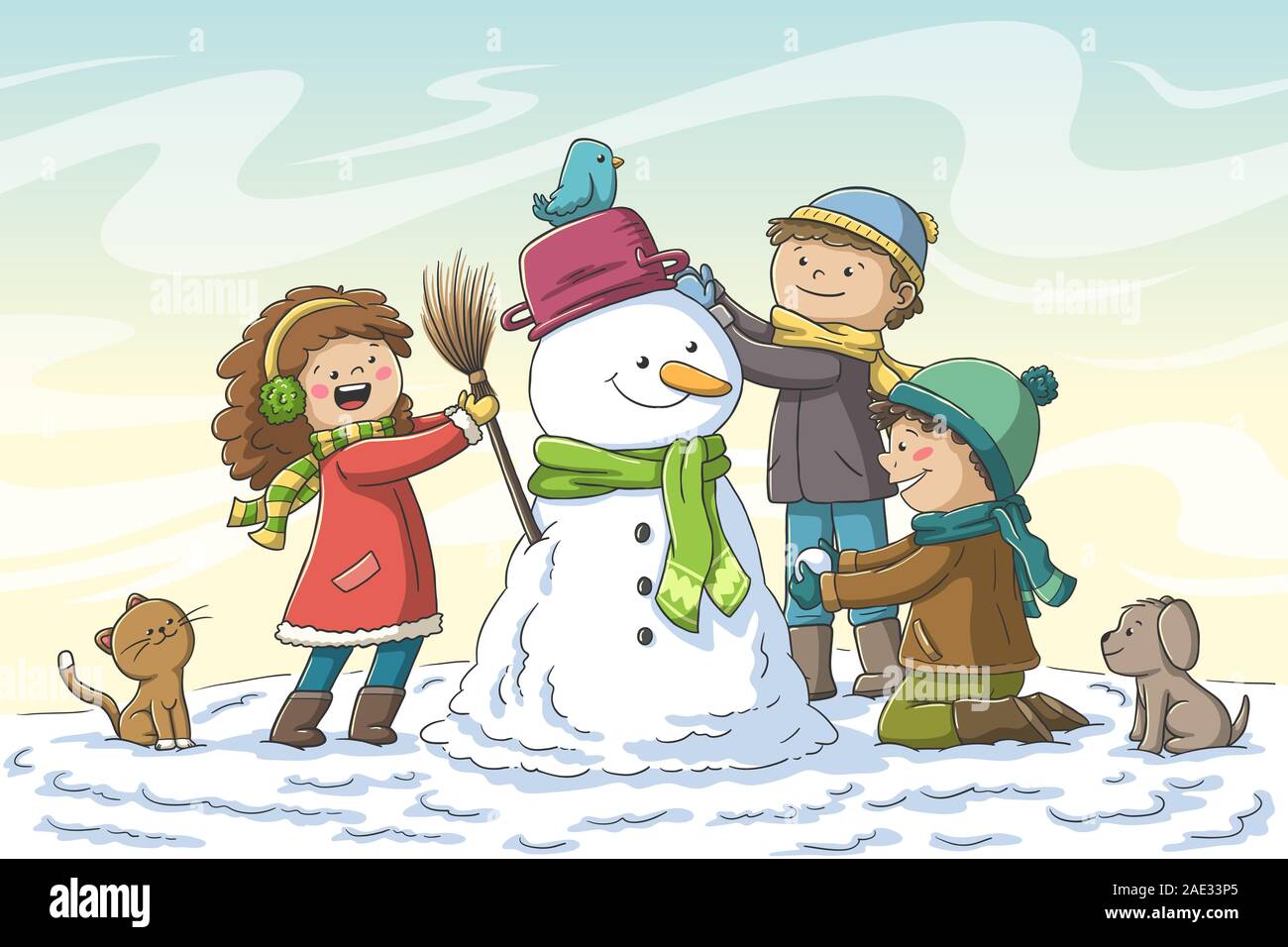 Drei Kinder bauen einen Schneemann. Hand Vector Illustration mit separaten Ebenen gezeichnet. Stock Vektor