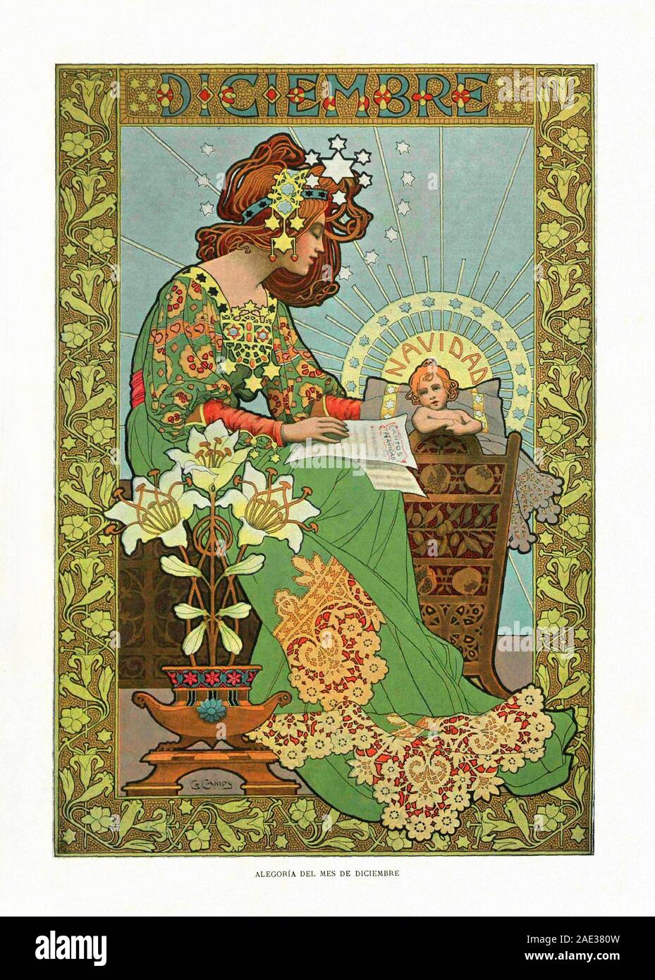 Allegorische Darstellung der Jahreszeiten im Jugendstil. Allegorie des Dezember. Album Salon. 1901. Spanien, Katalonien, Barcelona Stockfoto