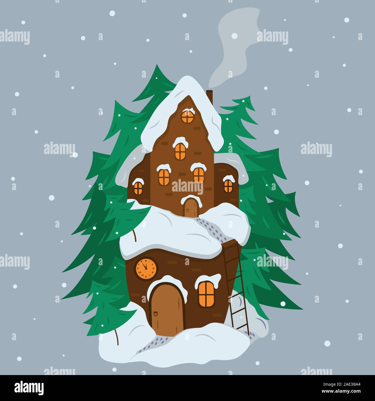Märchenhaus im Winter unter den Weihnachtsbäumen und Schnee. Cartoon Illustration. Zwei-stöckige verschneiten Haus mit Kamin und Rauch, Treppe und Fuß Stock Vektor