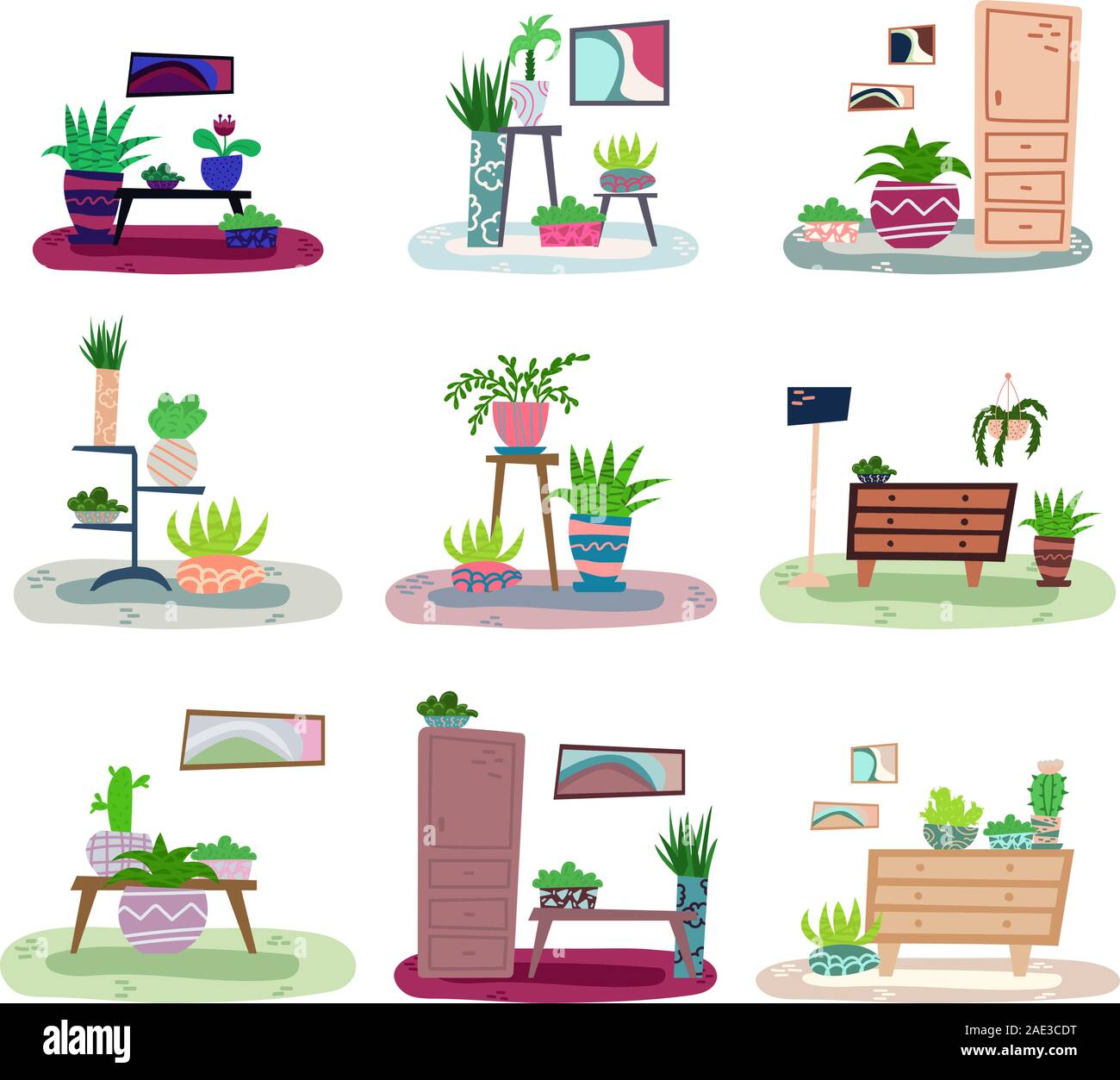 Satz von Hand - Flachbild Interieur mit Zimmerpflanzen gezeichnet. Stock Vektor
