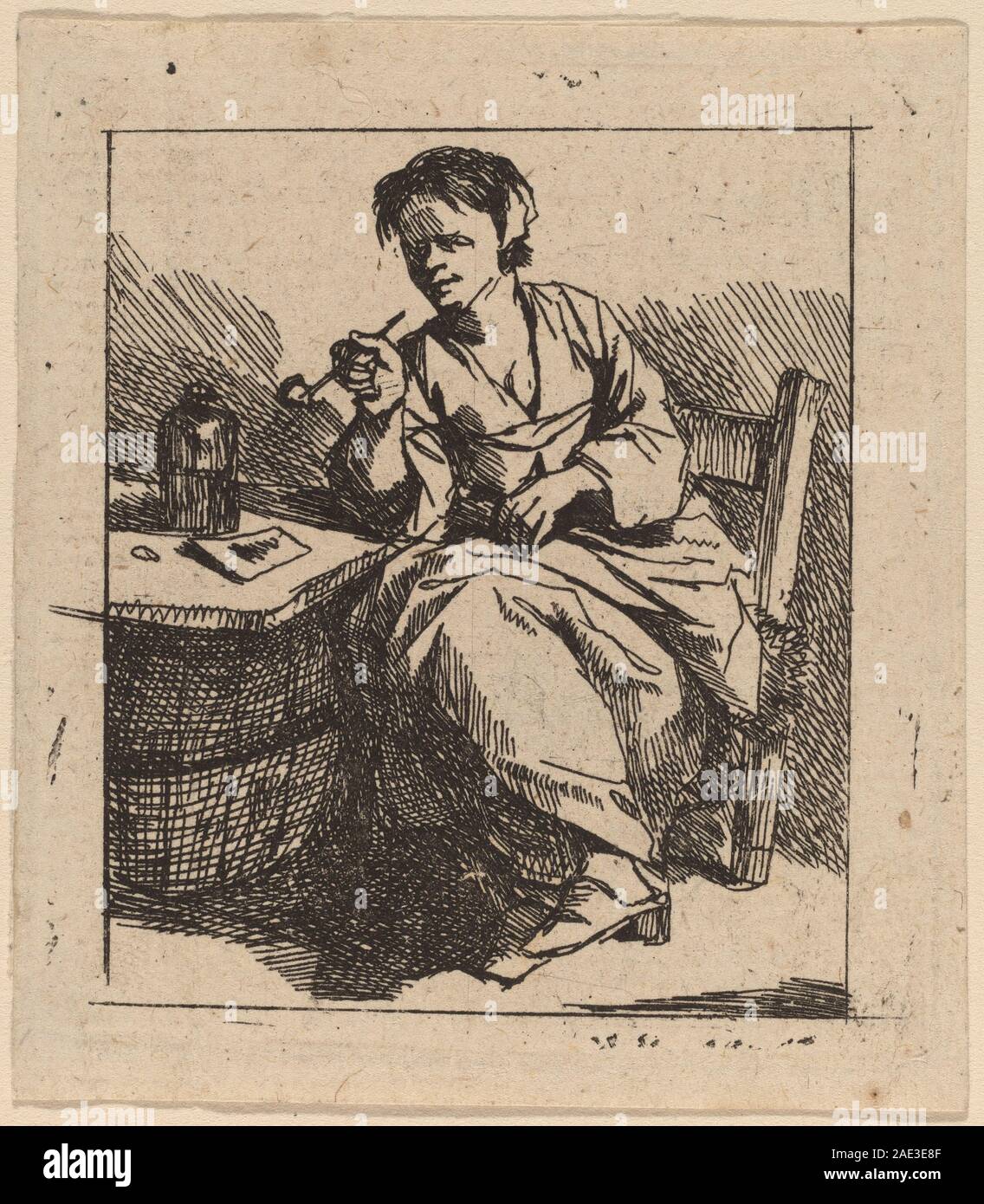 Ein Gemälde von Cornelis Bega, das eine rauchende Frau zeigt, zeigt eine sitzende weibliche Figur mit Pfeife, Gesichtsausdruck, Kleidungsdetails, Haltung und Inneneinrichtung. Betonung der Genrekonventionen des 17. Jahrhunderts. Stockfoto