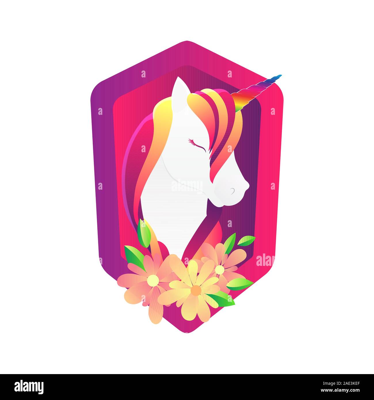 Niedlich Poster, Grußkarten oder Bekleidung drucken mit Unicorn, Blumen, und Schirm oder Emblem. Cartoon flachbild Einhorn Charakter portrait. Vector Illustration Stock Vektor