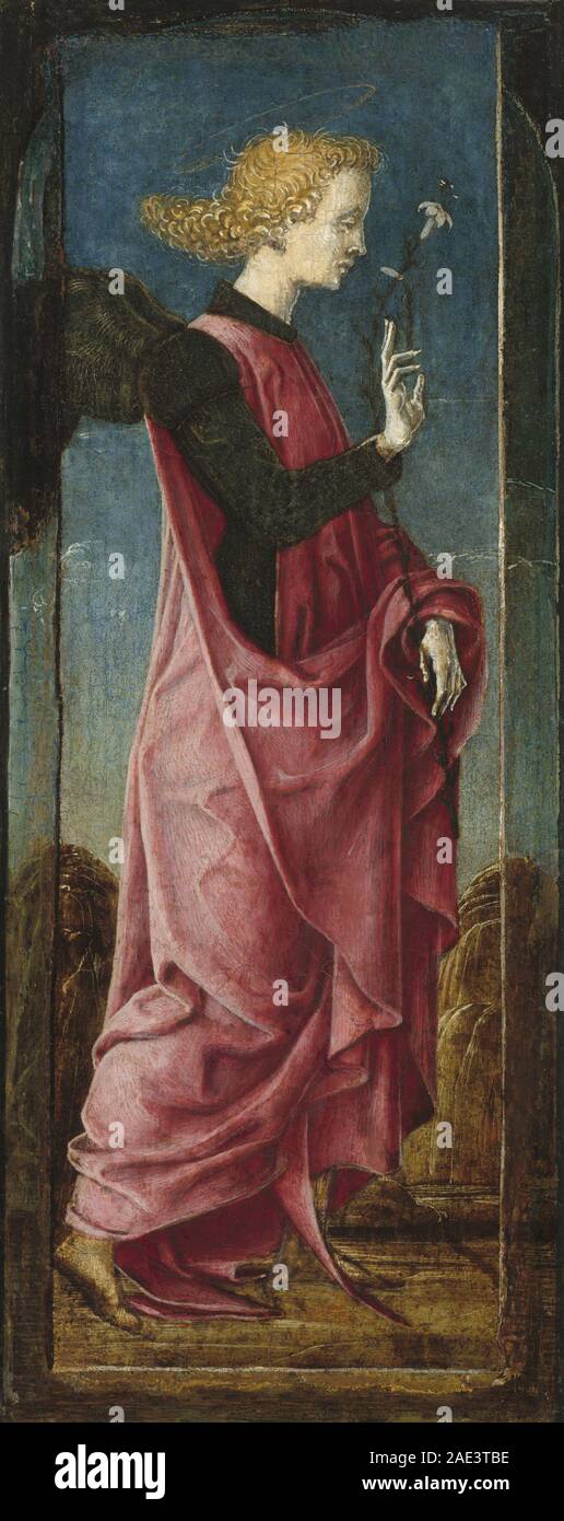 Ein Tafelgemälde von Cosmé Tura aus den Jahren 1470–1480, das den Erzengel Gabriel in einem hingebungsvollen Kontext darstellt, in einer stilisierten Renaissance-Form, die typisch für den detaillierten und linearen Stil des Künstlers ist. Stockfoto