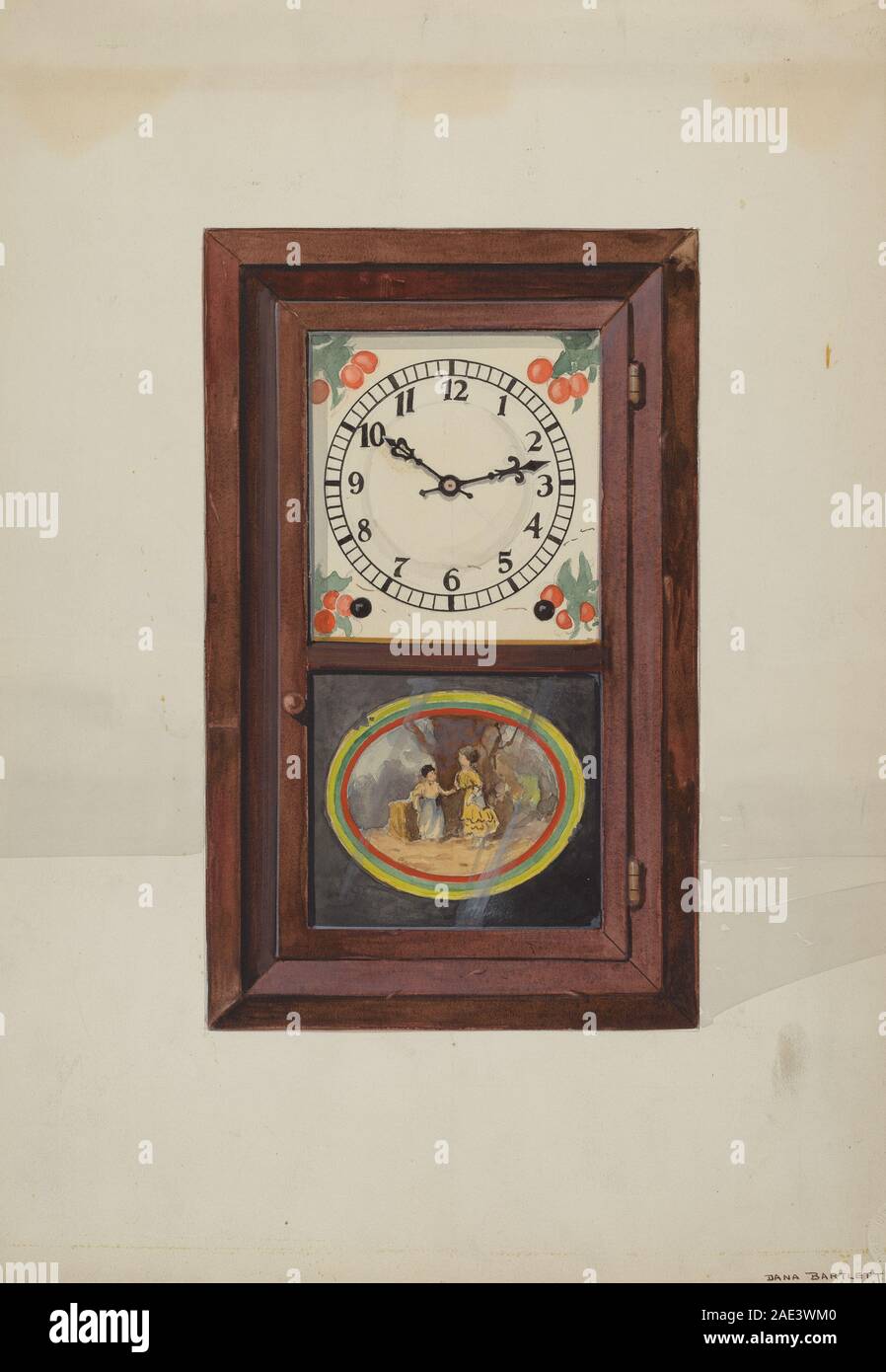 Eine mechanische Uhr, die um 1937 von Seth Thomas und Dana Bartlett hergestellt wurde und das Gehäuse, das Zifferblatt, die Zeiger und den Uhrenmechanismus zeigt, der für die amerikanische Uhrmacherkunst des frühen 20. Jahrhunderts typisch ist. Stockfoto