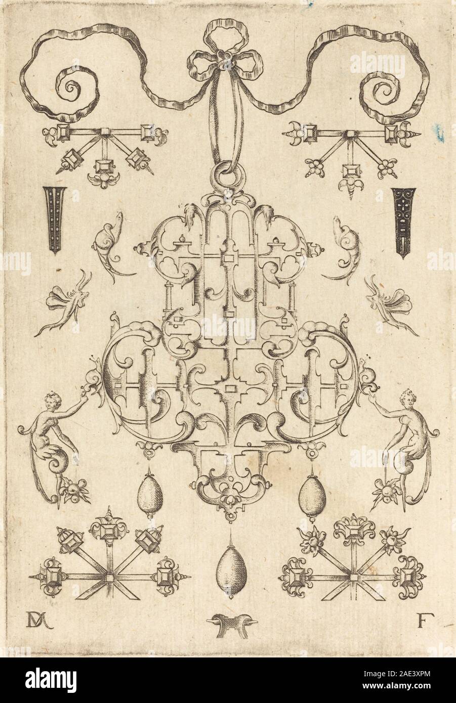 Dieses Design von Daniel Mignot aus dem Jahr 1593 zeigt einen großen Anhänger mit drei dekorativen Tropfen darunter, der Form, Proportionen, ornamentale Details und die Komposition aus Metall zeigt. Stockfoto