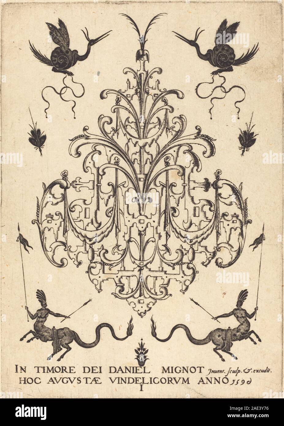 Title-Page: Brosche, wie eine Schnecke Tiere, Zentauren mit Banner unten; 1596 Datum Daniel Mignot, Title-Page-Brosche, wie eine Schnecke Tiere, Zentauren mit Banner unten, 1596 Stockfoto