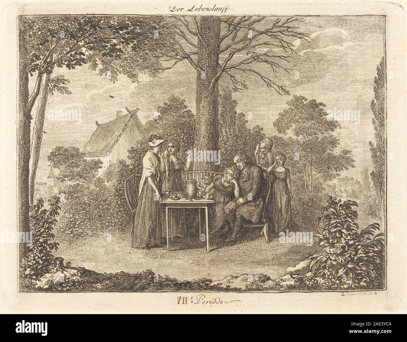 Ein 1793 erschienener Druck von Daniel Nikolaus Chodowiecki, der das allegorische Konzept des Todes darstellt, eine menschliche Figur, eine Skelettdarstellung, Drapierung und symbolische Elemente zeigt. Stockfoto