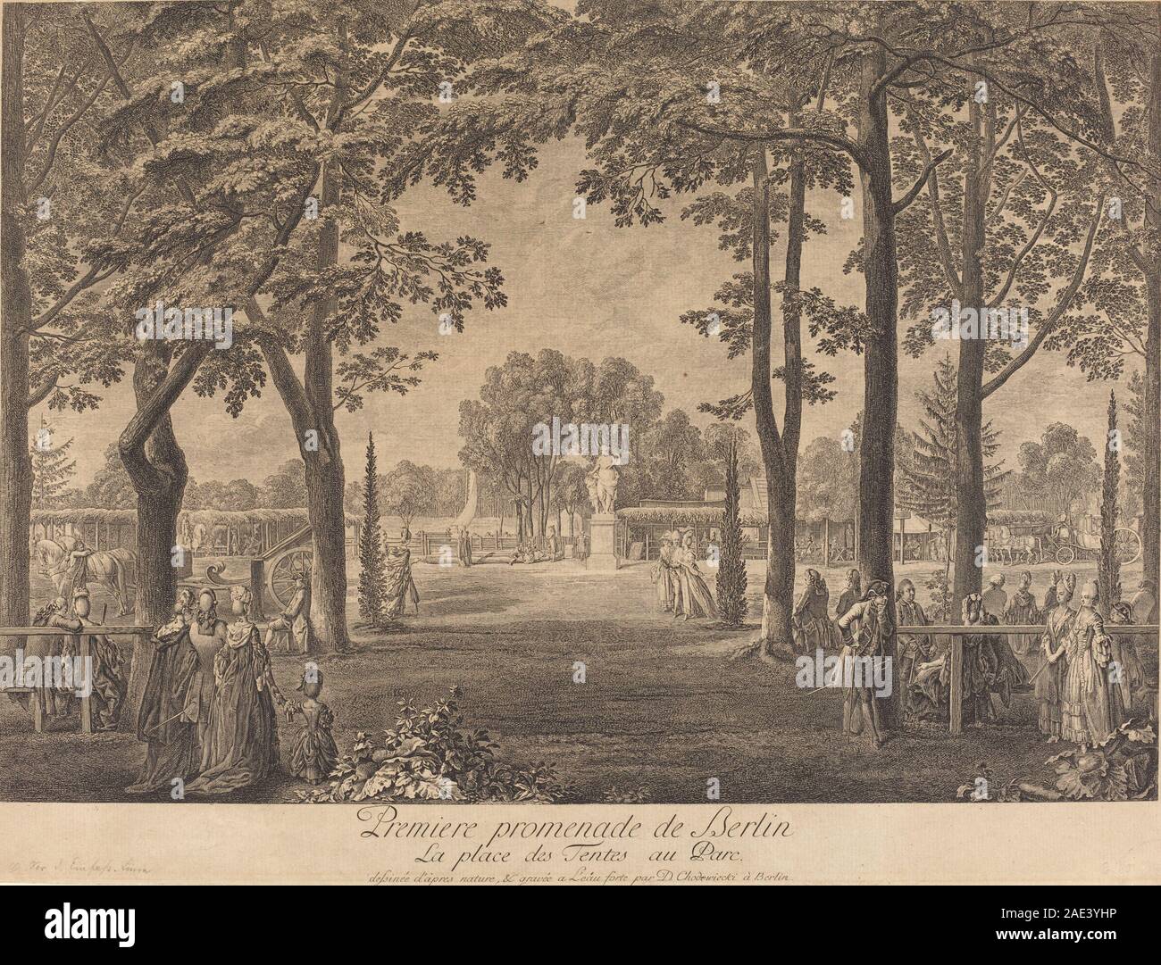 Gravur von Daniel Nikolaus Chodowiecki aus dem Jahr 1772 mit einer Berliner Promenade, die Menschen beim Gehen, Gebäuden, Bäumen und urbanem Umfeld zeigt. Stockfoto