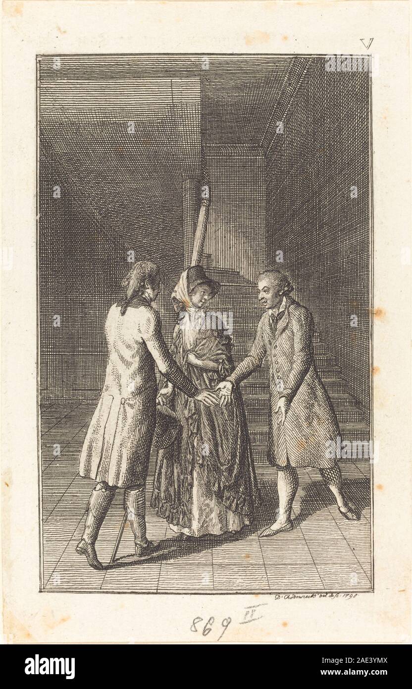 Ein Druck von Daniel Nikolaus Chodowiecki aus dem Jahr 1798, der Reisende auf einer Reise nach Paris zeigt, Figuren in Kutschen, Straßenlandschaft und architektonische Elemente der Stadt zeigt. Stockfoto