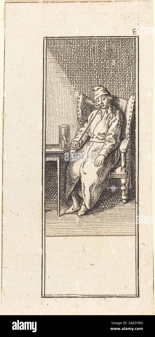 Ätzung von Daniel Nikolaus Chodowiecki, 1784, zeigt einen jungen Mann, der beim Rauchen sitzt, einschließlich Kleidung, Haltung und europäischer Genrekomposition aus dem späten 18. Jahrhundert. Stockfoto