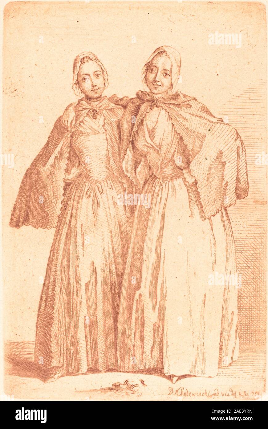 Ein 1758 erschienener Druck von Daniel Nikolaus Chodowiecki, der zwei stehende Damen, bekannt als Demoiselles Quantin, zeigt Kleidung, Haltung, Gesten und Porträtstil aus dem 18. Jahrhundert. Stockfoto