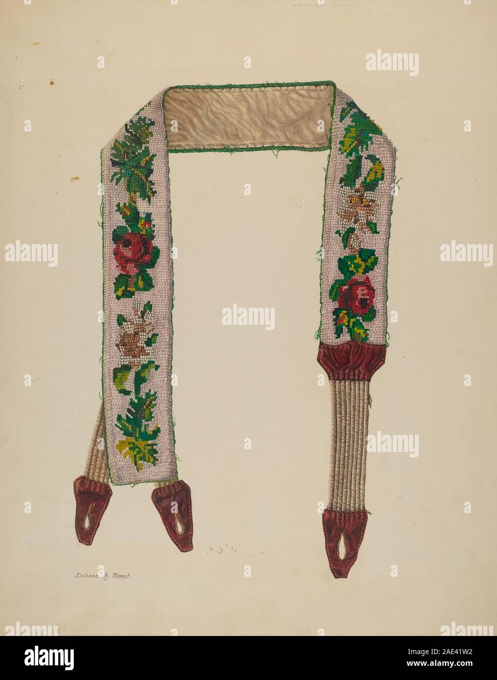 Ein Hosenträger, der um 1930 von Dolores Haupt hergestellt wurde, zeigt Stoffriemen, Metallversteller und funktionales Design, um Hosen in der Mode des frühen 20. Jahrhunderts zu stützen. Stockfoto