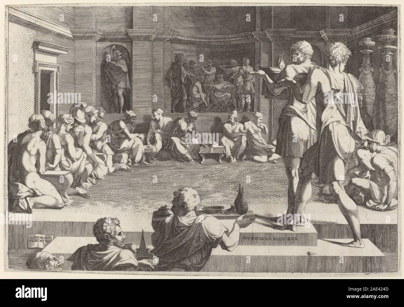 Ein Gemälde nach Francesco Primaticcio von Domenico del Barbiere aus dem Jahr 1544-46, das Alexander den Großen bei einem Bankett zeigt. Das Werk zeigt historische Figuren, klassische Kleidung und Komposition aus der Renaissance. Stockfoto