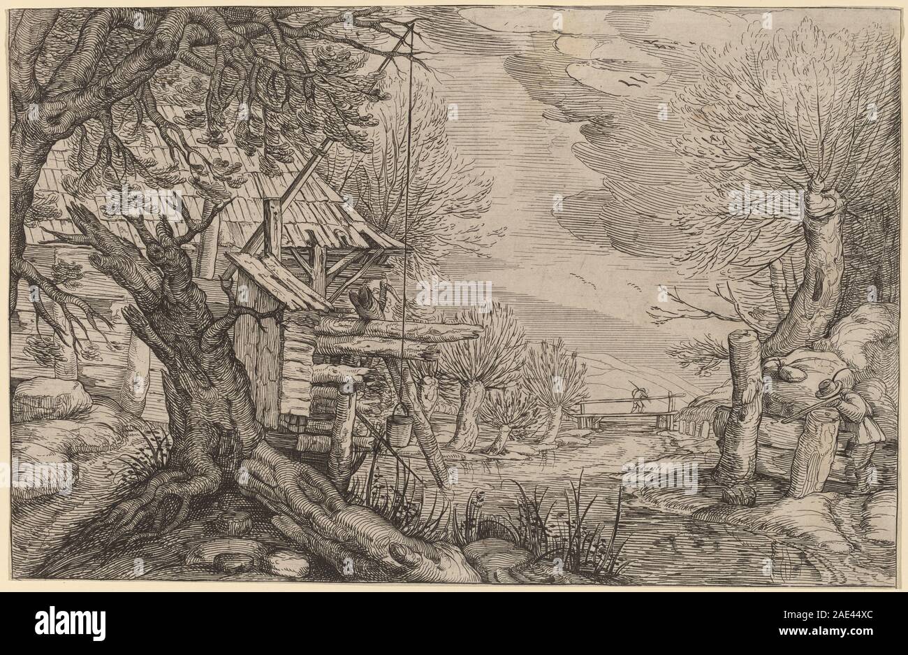 Eine niederländische Landschaft aus dem 17. Jahrhundert, die früher Jacques de Gheyn II. Zugeschrieben wurde und ein Blockhaus in der Nähe eines Flusses mit Bäumen, Himmel und ländlicher Umgebung darstellt. Stockfoto