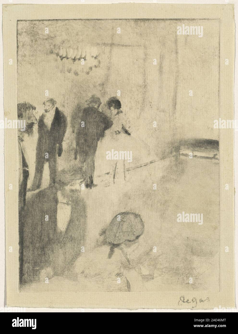 Edgar Degas’ „The Green Room“ aus der Zeit um 1880 zeigt eine Szene im Inneren des Pariser Opernhauses, in der Balletttänzer in Proben gezeigt werden. Die Komposition hebt Figuren in Bewegung, Bühnenbeleuchtung und Anordnung von Stühlen und Spiegeln hervor und veranschaulicht Degas' Fokus auf Performance-Räume und menschliche Aktivitäten. Stockfoto