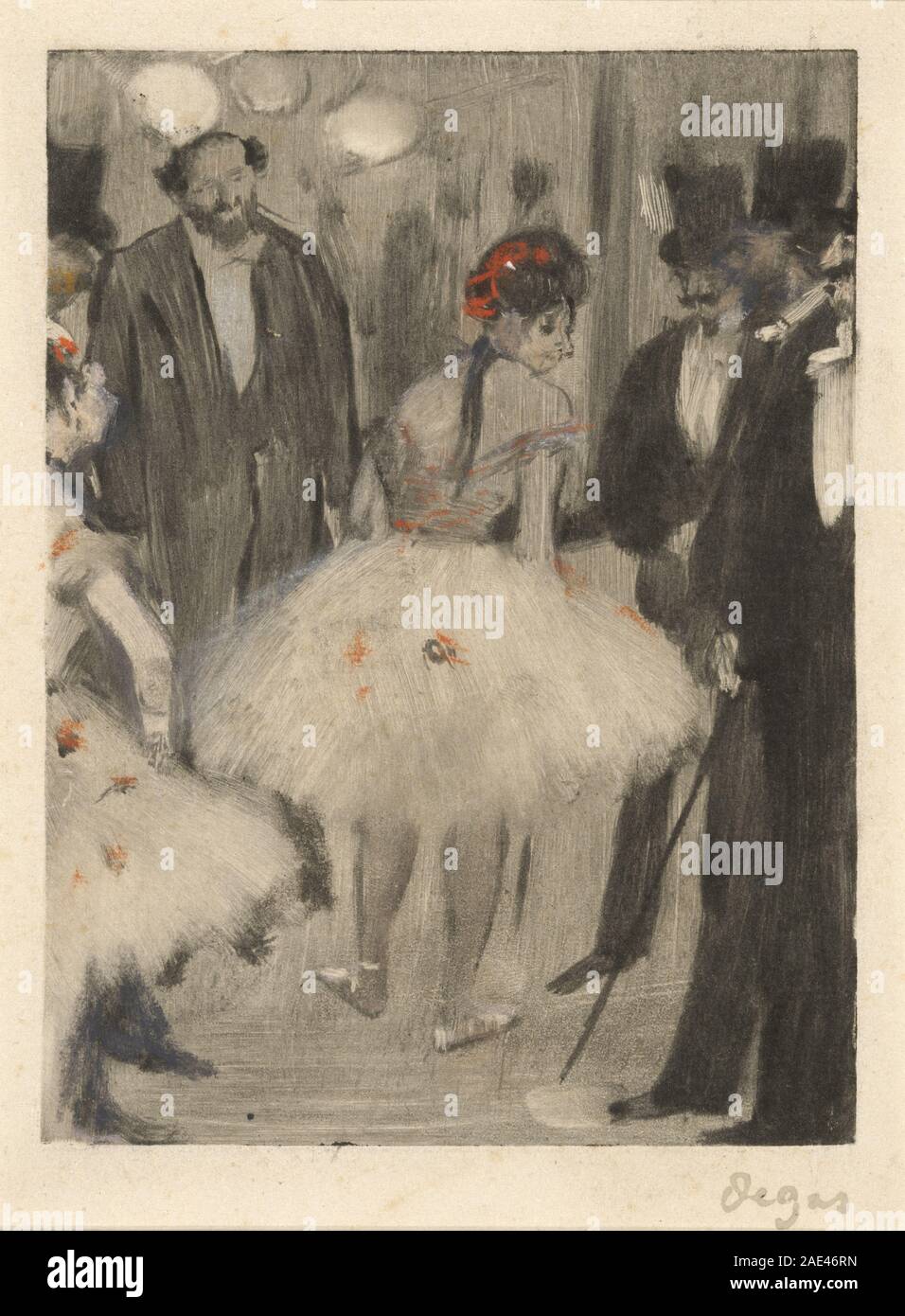 Dieses Gemälde von Edgar Degas, um 1880–1883, zeigt Virginie, die bewundert wird, während der Marquis Cavalcanti zuschaut. Es zeigt Figuren, Gesten, Gesichtsausdrücke, Kleidung, Innenraum und französischer künstlerischer Stil des späten 19. Jahrhunderts. Stockfoto